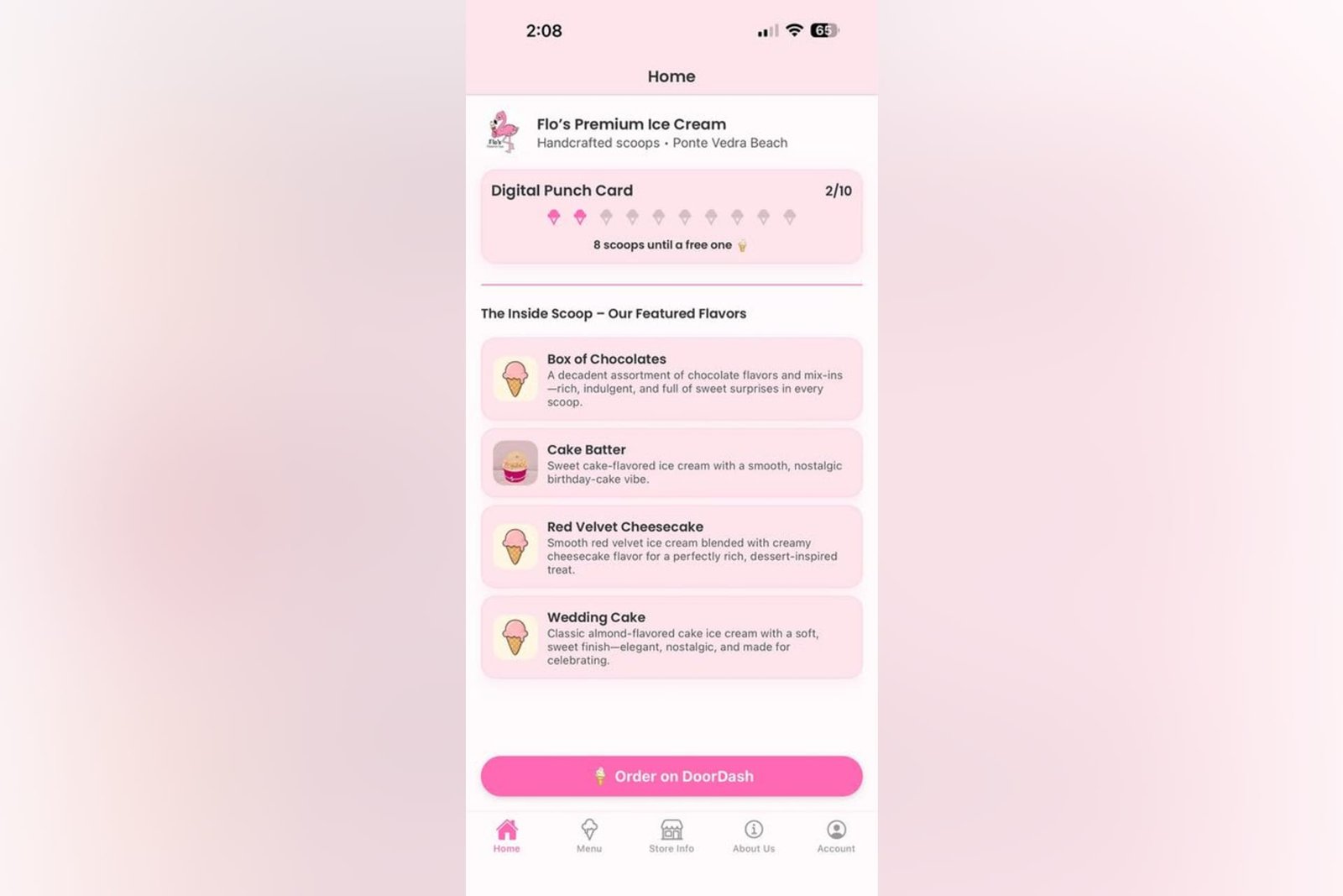 Example of an app menu with a digital punch card, featured flavors, and ordering from DoorDash