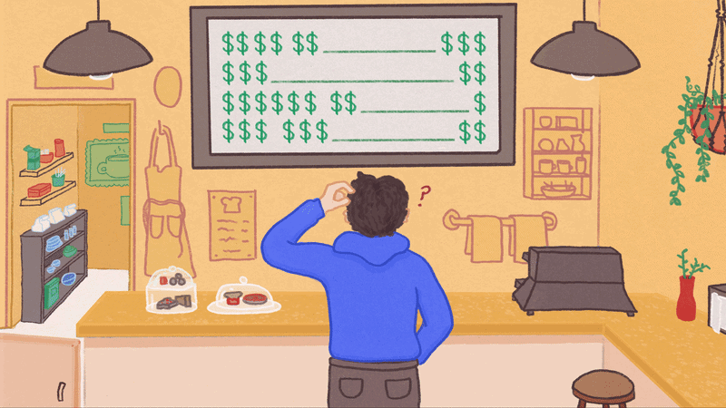 A restaurant patron looks at a menu covered in dollar signs, with an amused expression that suggests an unexpected surprise at the prices.
