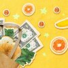 Collage: Citrus slices, a banana and pennies burst from a bag full of groceries and dollar bills.