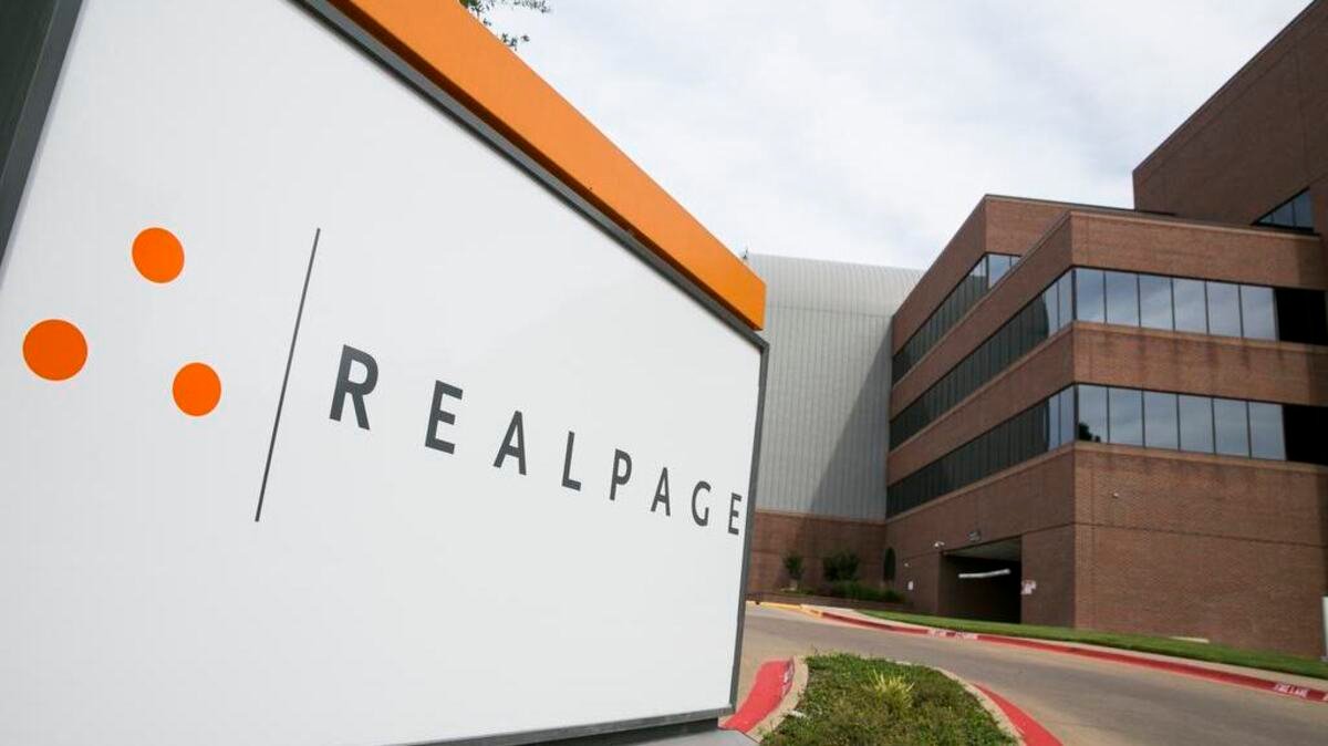 A logo sign outside RealPage's headquarters in Richardson, Texas.