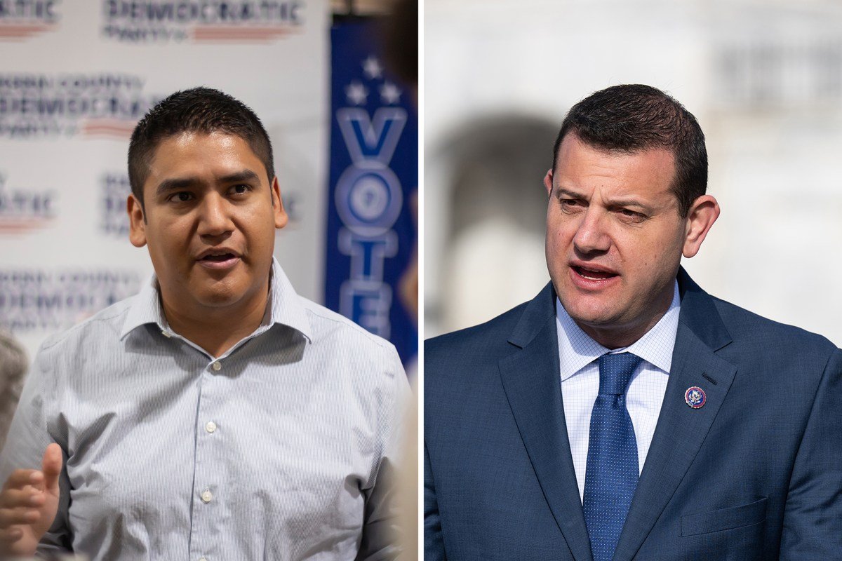 A side-by-side image showing, on the left, a person in a light blue shirt gesticulating while talking to people and standing in front of a white and blue banner. The person on the right wears a blue suit and tie as he speaks at a podium in front of the U.S. Capitol.