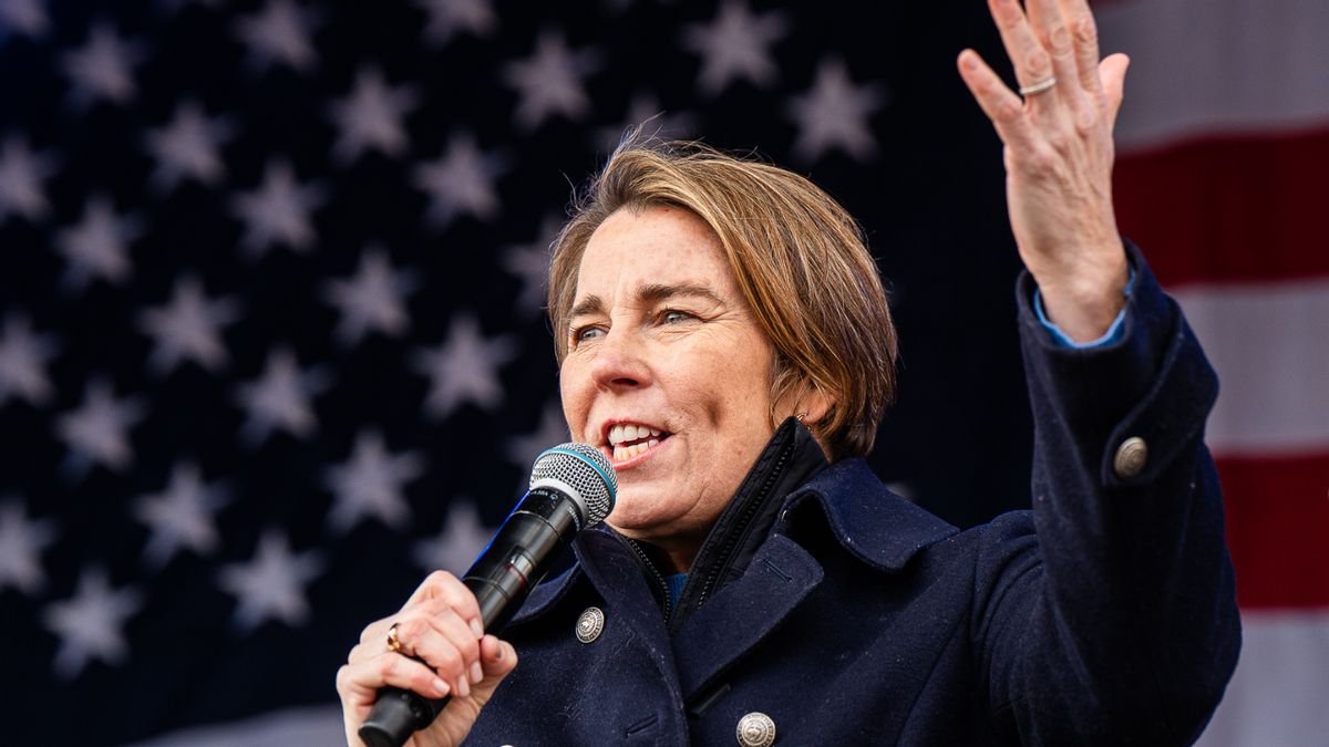 Gov. Maura Healey, a white woman with short hair, speaks at a No Kings Day event on Boston Common on March 28, 2026.