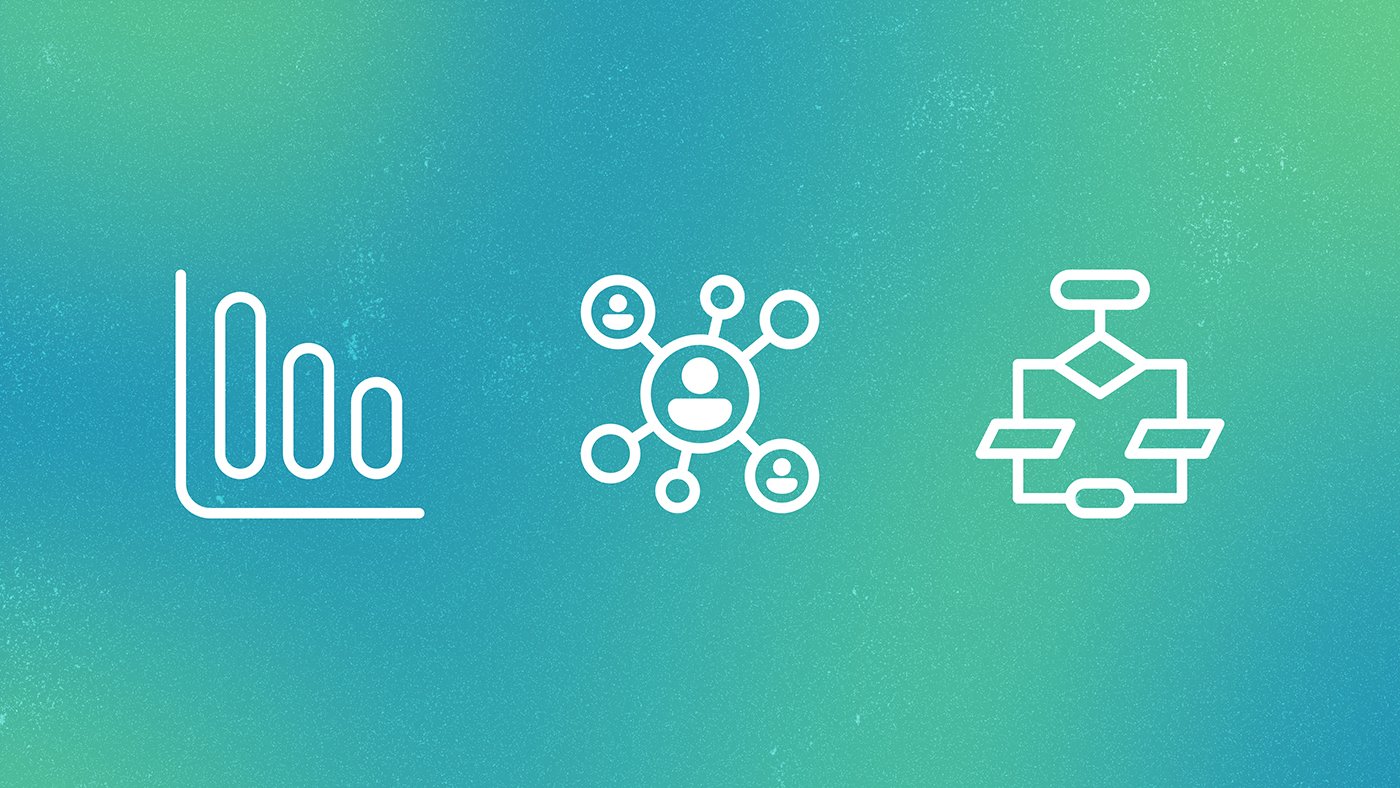 Flint Blog | three white line icons on an abstract green background; Bar chart icon, connected node icon, flowchart icon