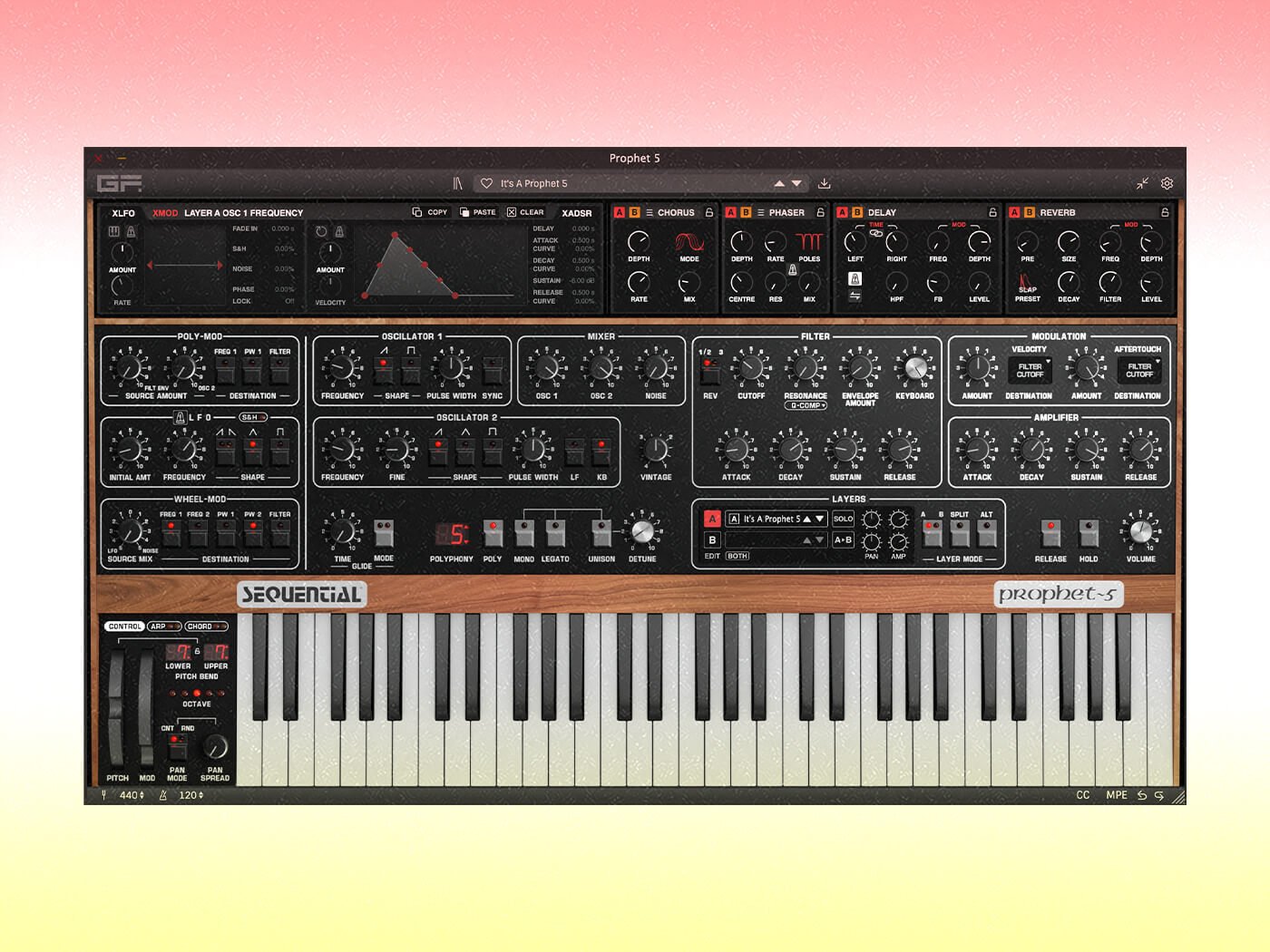 GForce Software Sequential Prophet-5 main instrument with advanced user interface, press photo