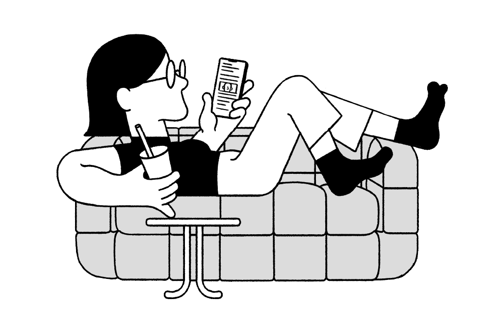 An illustrated reader looks at his cell phone on the couch.