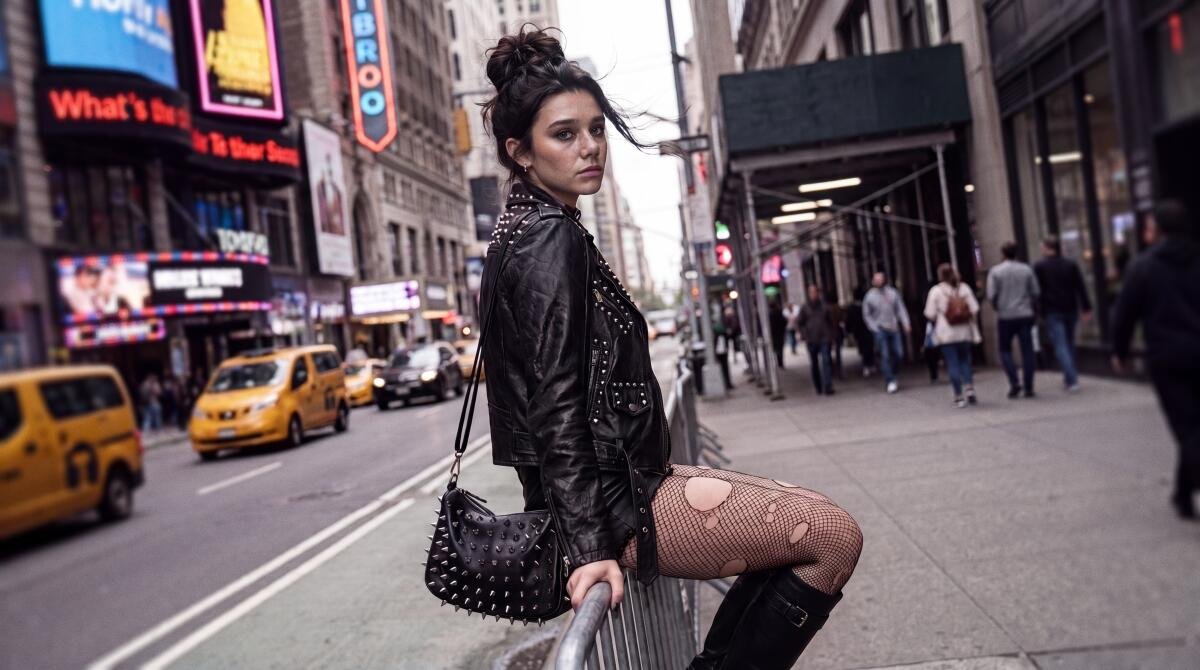 An AI-generated city dweller sits on an AI-generated street in downtown New York.