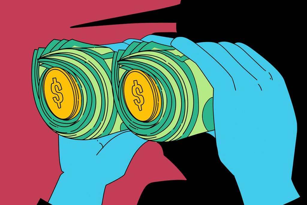 An illustration of a man with his face obscured by a brimmed hat and trench coat using binoculars. The barrels of the binoculars are made from rolled up dollar bills and the lenses are made from coins.