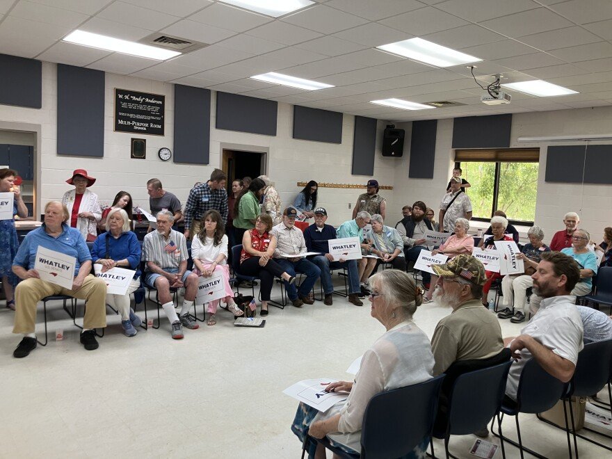 The audience listens as Republican Senate candidate Michael Whatley speaks at the Waynesville Recreation Center on Saturday, July 18, 2026.
